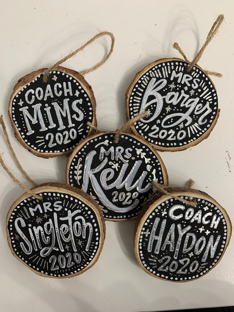 3 Customized Hand Lettered and Hand Painted Wood Slice Ornaments