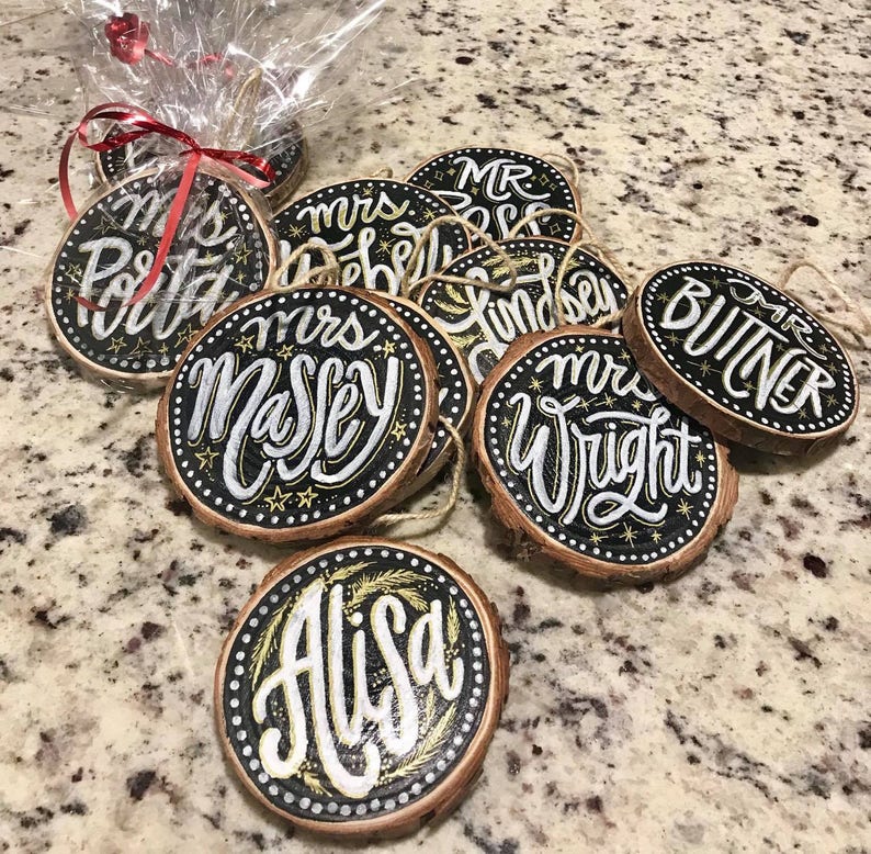 3 Customized Hand Lettered and Hand Painted Wood Slice Ornaments