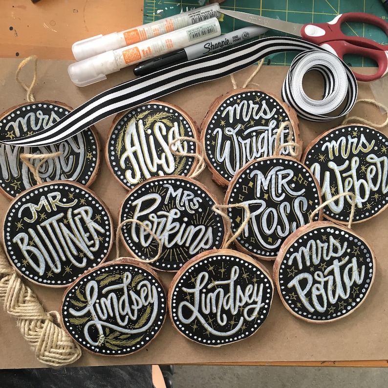 3 Customized Hand Lettered and Hand Painted Wood Slice Ornaments