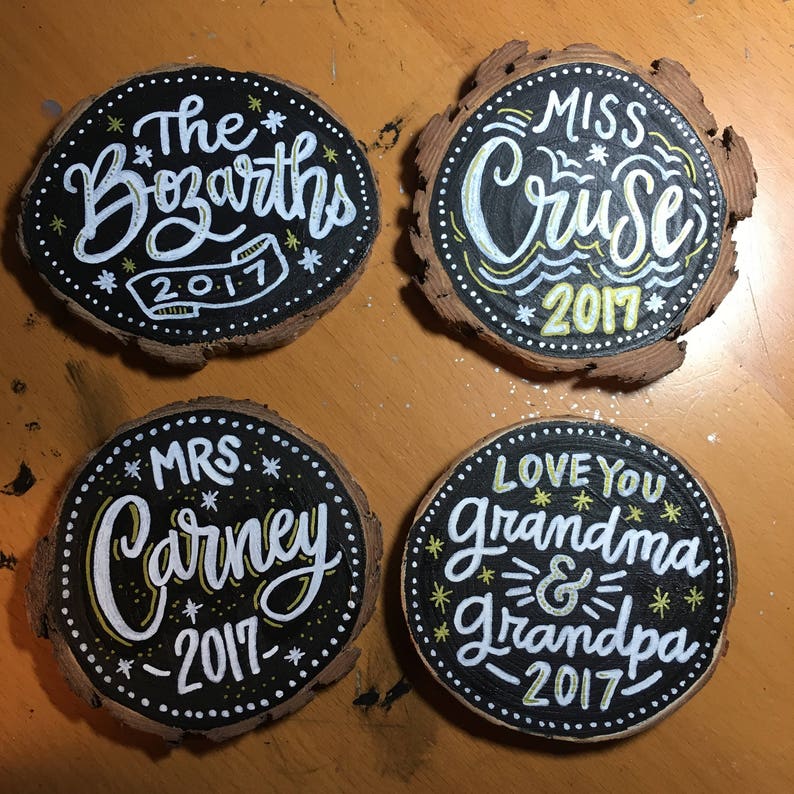 3 Customized Hand Lettered and Hand Painted Wood Slice Ornaments