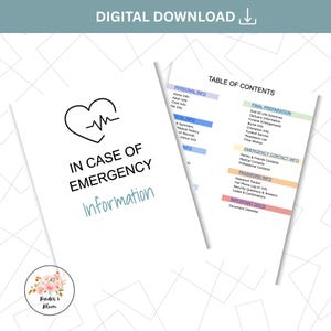 May include: Digital download of a printable emergency information document. The cover features a heart with a heartbeat line and the words "IN CASE OF EMERGENCY Information". The table of contents is also visible.