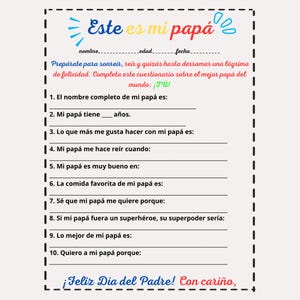 Cuestionario "Todo sobre mi papá" para el Día del Padre en PDF: descarga instantánea y regalo imprimible para papá o abuelo.