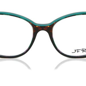 May include: Black and tortoise shell eyeglasses with a teal top frame. The glasses have a rounded square shape and the brand name "JF Rey" is printed on the lower right lens.