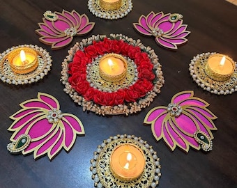 Juego de MDF Lotus Rangoli: Decoración Diwali para el hogar y la boda - 9 piezas