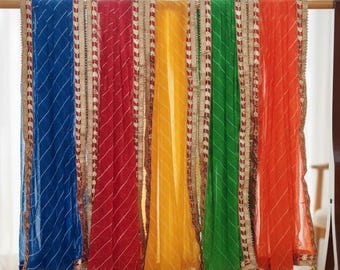 Traditional Rajasthani Leheriya Dupatta – Ethnic Gota Patti Border Chiffon Stole – Multi-Color