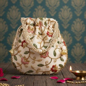 Handmade Embroidered Silk Potli Bag Handmade Handle Bags for Women