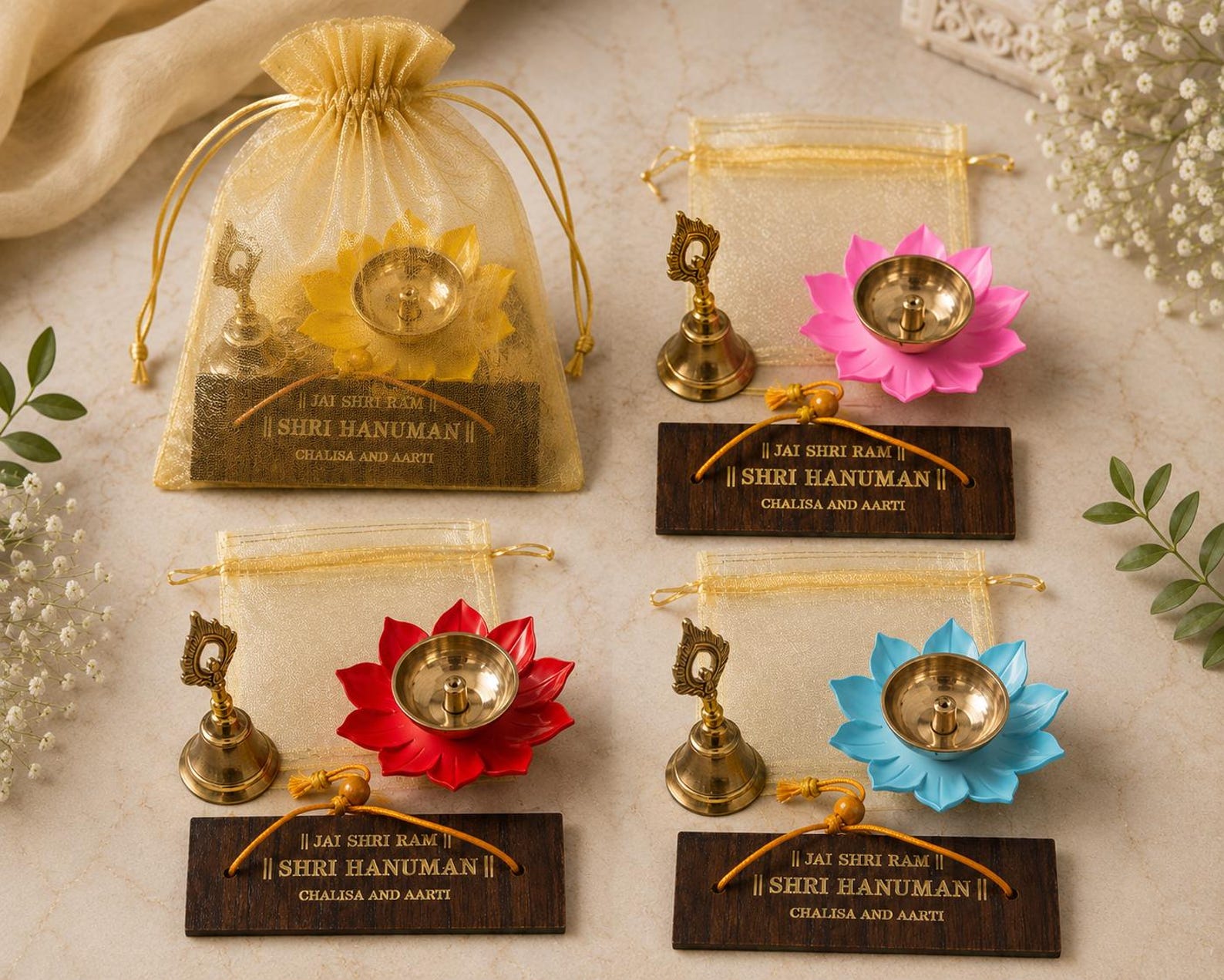 Set of 200 Hanuman Chalisa Gift Set with Lotus Diya and Mini Bell, Traditional Wedding Return Gift, Diwali Favor, Pooja Accessory Set