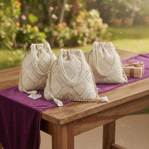 May include: Three cream-colored drawstring bags with intricate geometric patterns and pearl accents. Each bag has a pearl-beaded handle and a tassel. They are arranged on a wooden table with a purple runner, with a gift box.