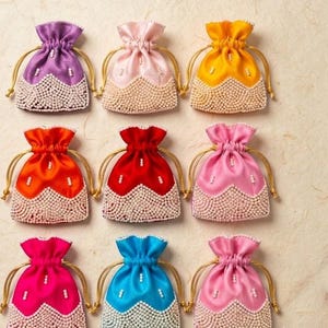 Handmade Beaded Silk Potli Bags Mini Drawstring Gift Pouches for Wedding Return Gifts