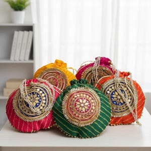 Bolsa de seda india Leheriya Potli hecha a mano, bolsa de regalo para boda, bolso de mano de varios colores