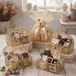 May include: Five gold wire mesh baskets with arched handles, filled with assorted gift items including small fabric pouches, chocolate boxes, and floral arrangements featuring pink roses and greenery. One basket is wrapped in sheer beige tulle.
