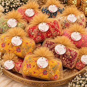 Embroidered Silk Clutch purse | Indian Wedding guet gift bag with net wrapping and gift tags