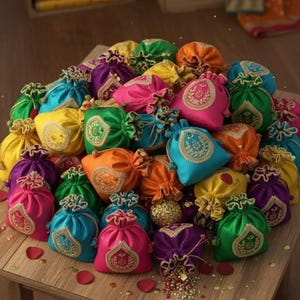 May include: A collection of colorful, drawstring satin pouches in various shades including pink, purple, yellow, green, orange, and blue. Each pouch features an embroidered design and is arranged on a wooden surface, creating a vibrant display.