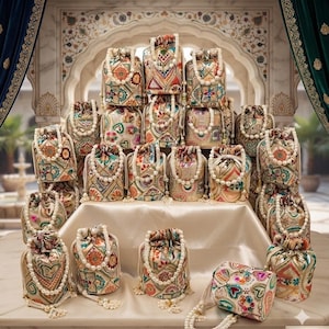 May include: A collection of drawstring pouches featuring intricate multi-colored embroidery in geometric and floral patterns. Each pouch is accented with a white faux pearl handle and a drawstring closure, arranged in a tiered display.