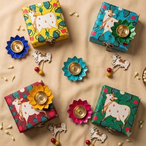 Set of 100 Kamdhenu Cow Pichwai with Lotus Diya and Haldi Kumkum, Traditional Indian Puja Decor, Spiritual Home Accents, Housewarming