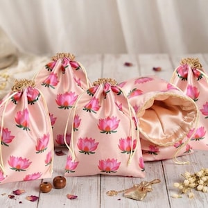 Pink Lotus Print Potli Bags, Silk Favor Pouches, Indian Wedding Gift Bags, Return Gift Bags, Drawstring Pouches, Festive Party Favors