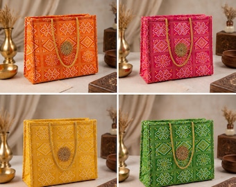 Indian Bandhani Handcrafted Return Gift Bags, Ethnic Wedding Favors, Gota Patti Potli Style Tote