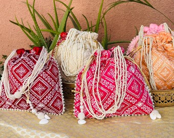 Bolsas Potali hechas a mano // Bolsa Potli de seda con diseño bordado en hilo, regalo para mujer