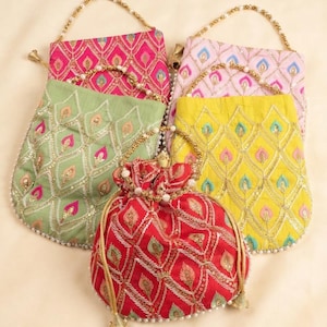 200er-Packung Seiden-Potli-Beutel, handbestickte Clutch mit Kordelzug, ethnische indische Hochzeitstasche, festliche Handtasche