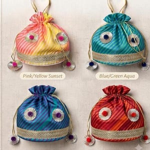 Indian Potli Bag, Silk Drawstring Pouch, Wedding Return Gift, Ethnic Party Wear Handbag, Leheriya Potli, Festive Favor Bag, Indian Purse
