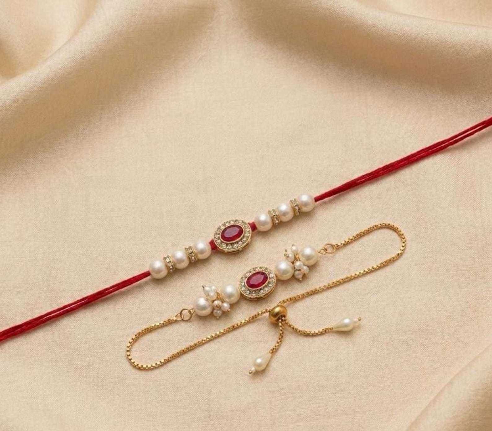 Elegant Pearl and Ruby Stone Rakhi Set for Brother and Sister-in-law, Premium Lumba Rakhi with Matching Brother Rakhi