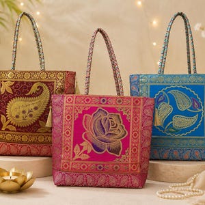 Handmade Banarasi Brocade Tote Bag, Indian Traditional Silk Shoulder Purse, Vintage Style Ethnic Work Bag, Gift for Women