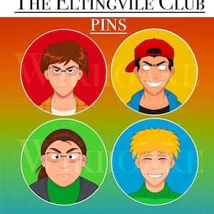 May include: A set of four circular pins featuring cartoon portraits of characters. The pins are set against a gradient background of red, orange, yellow, and blue. The text "The Eltingville Club" and "PINS" are at the top.