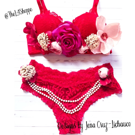 Size 32B Bra and Size Small Panty Only Floral Pearl Panty Red
