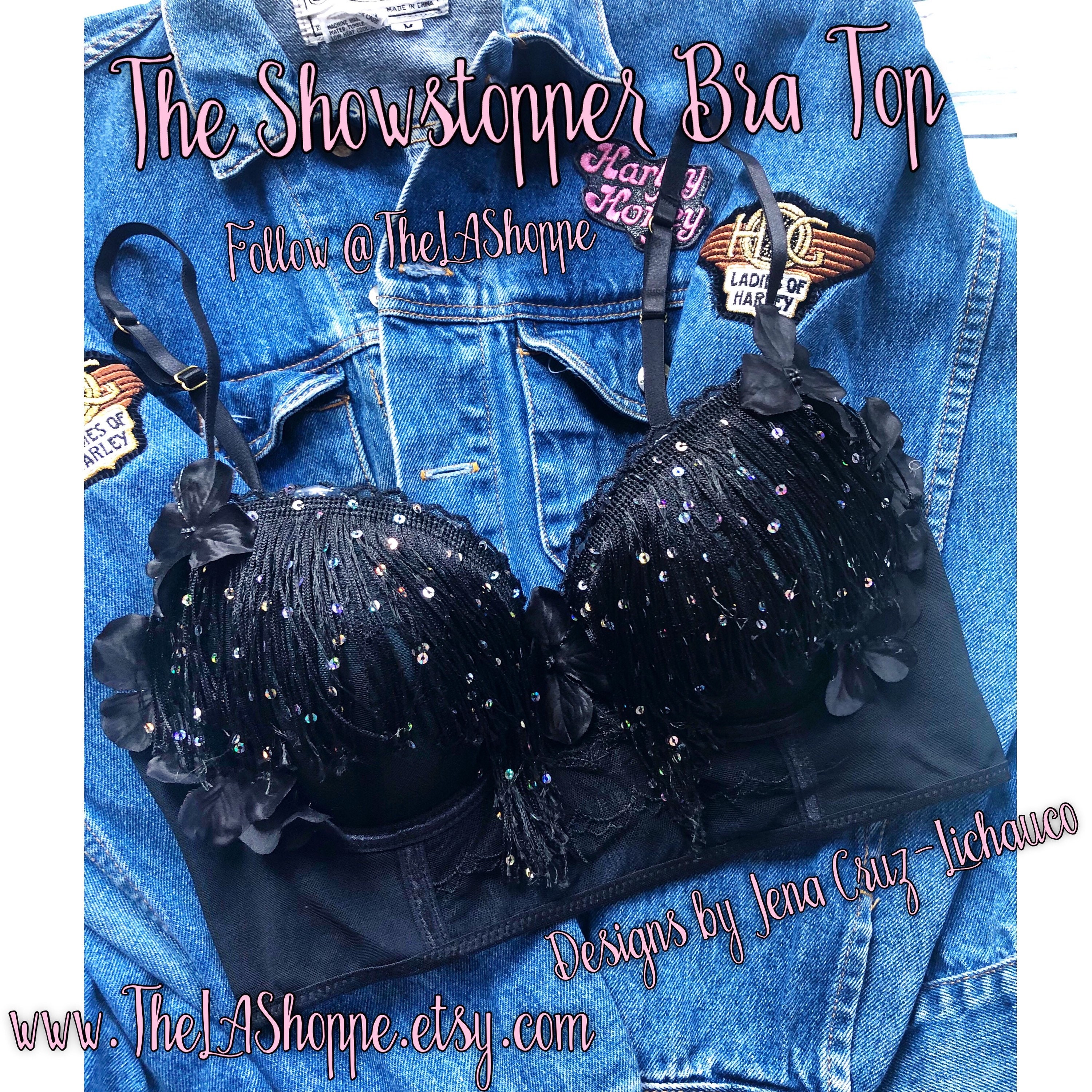 READY TO Shipsize 36C Only Black Fringe Showstopper Floral Bustier Music  Festival Bra Top 