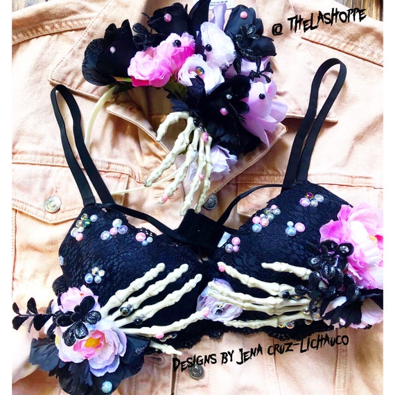 READY TO SHIP**Size 40C Only Gothic Skeleton Hands Bra Top & Flower Crown  Set
