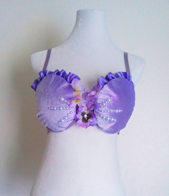 Gothic Mermaid bra with chains, 34DD in stock Purple green rhinestone  seashell bra. Halloween costume Ariel.
