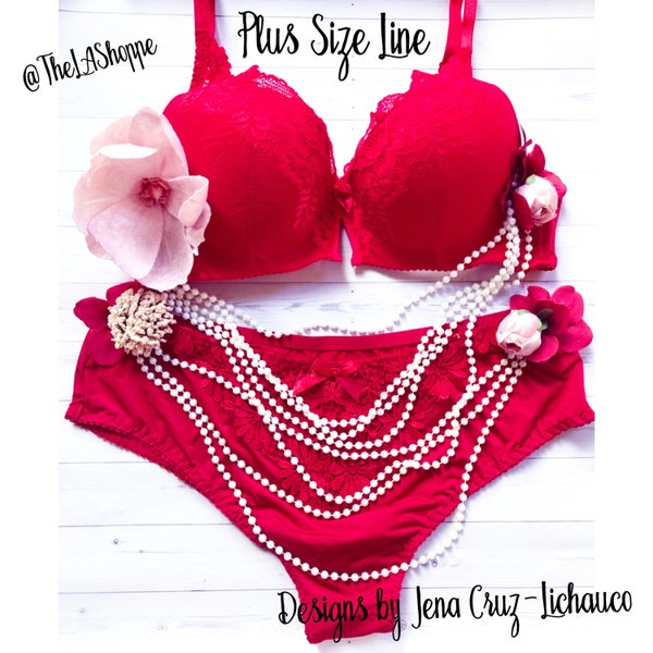 Plus Size Only Boudoir Hawaiian Flower Pearl Red Bra & Panty Set Size 40C Bra and Size 2x Panty