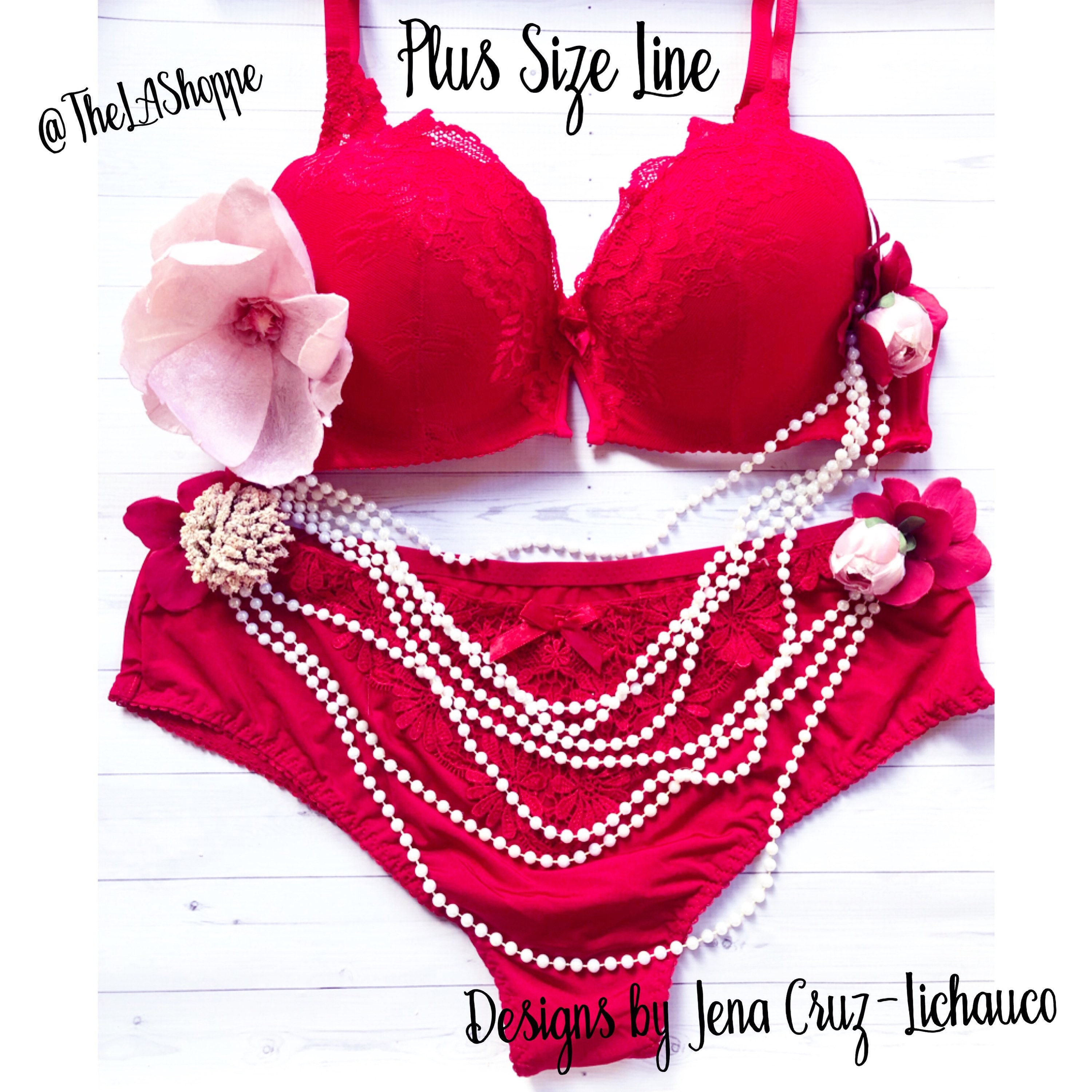 Plus Size Only Boudoir Hawaiian Flower Pearl Red Bra & Panty Set Size 40C  Bra and Size 2x Panty 