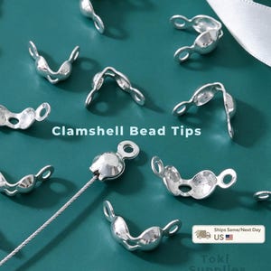 Peut inclure: Une collection d'embouts de perles en forme de coquille, de couleur argentée, dispersés sur une surface bleu sarcelle foncé. Chaque pièce présente un design arrondi et articulé avec de petites boucles aux extrémités pour la bijouterie.