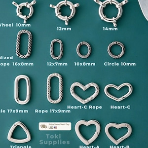 May include: A collection of silver-toned metal jewelry clasps and connectors in various shapes including round spring rings, twisted rope rectangles, circles, triangles, and hearts. Each item is labeled with its specific name and size in mm.