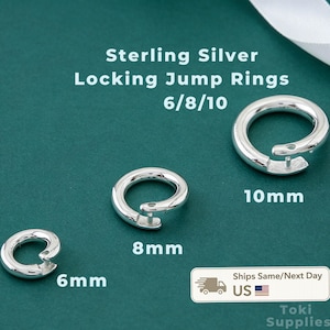 May include: Three sterling silver locking jump rings in sizes 6mm, 8mm, and 10mm. The rings are circular with a visible locking mechanism. Text on the image reads: Sterling Silver Locking Jump Rings 6/8/10, 6mm, 8mm, 10mm, and Toki Supplies.