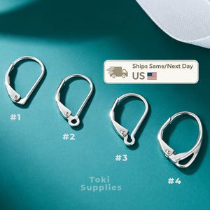May include: Four silver-toned leverback earring findings arranged in a row, labeled #1 through #4. Each component features a hinged closure mechanism and a loop for attaching jewelry elements. The text Toki Supplies is visible at the bottom.