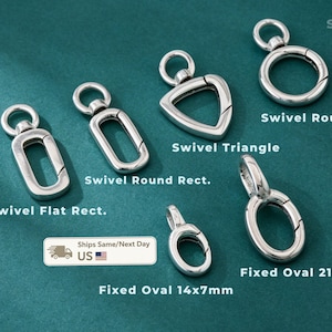 May include: A collection of silver-toned metal clasps including a Swivel Flat Rect., Swivel Round Rect., Swivel Triangle, Swivel Round, and two Fixed Oval clasps measuring 14x7mm and 21.4x10mm, all arranged on a dark green surface.