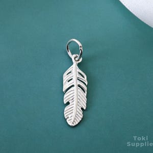 May include: A silver feather pendant with intricate detailing hangs against a teal background. The pendant features a loop at the top for a chain and is designed with a realistic feather shape. The image also includes a white ribbon.