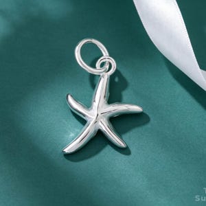 May include: A polished silver-toned starfish charm featuring a smooth, reflective surface and a circular jump ring attached at the top. The starfish has five distinct, tapered arms and a central body, presented with a clean, metallic finish.