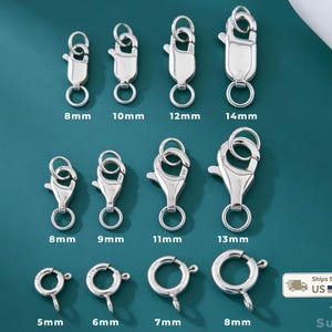 May include: A collection of silver-toned jewelry clasps arranged in rows. The top row features lobster claw clasps in 8mm, 10mm, 12mm, and 14mm. The middle row shows lobster clasps in 8mm, 9mm, 11mm, and 13mm. The bottom row displays spring ring clasps in 5mm, 6mm, 7mm, and 8mm.