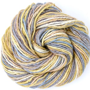 May include: A skein of yarn in a multi-coloured stripe pattern of light blue, beige, cream, and yellow.