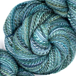May include: Close-up of a skein of hand-dyed yarn in shades of teal, blue, and green. The yarn is tightly wound, showcasing a textured, speckled appearance. The fiber is soft and ideal for knitting or crochet projects.