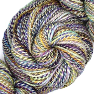 May include: Close-up of a skein of hand-dyed yarn in a swirl pattern. The yarn features a blend of colors, including purple, blue, green, and yellow. The yarn is tightly wound, showcasing its texture and color variations. Ideal for knitting and crochet projects.