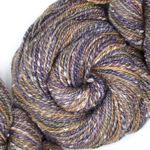 May include: Close-up of a skein of yarn in shades of purple, brown, and green. The yarn is tightly wound, revealing the texture and color variations. The yarn appears soft and is suitable for knitting or crocheting projects.