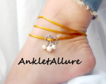 Mustard Silk Cord Anklet for Women Triple Wrap Anklet Summer Jewelry Sundress Jewelry Flirty Girlfriend Gift