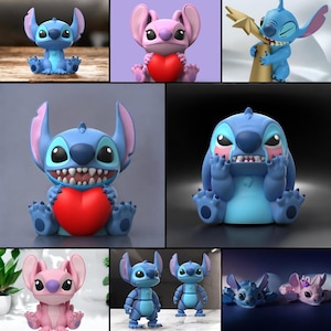 May include: Collection of Stitch figurines in various poses and colors. The figurines include blue and pink characters, some holding hearts or objects. The collection showcases different expressions and designs of the popular animated character.