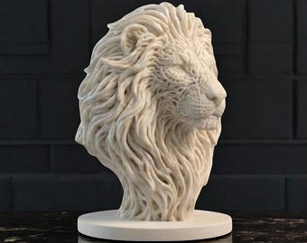 May include: An off-white lion head sculpture with a detailed mane, mounted on a circular base. The lion's facial features are intricately carved, conveying a sense of power. This decorative sculpture is a striking piece, suitable for display in a home or office setting.
