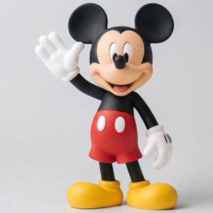 Pode incluir: Uma figura do Mickey Mouse com cabeça preta e orelhas grandes e redondas, rosto cor de pêssego e nariz preto. A personagem usa calções vermelhos com dois botões ovais brancos, luvas brancas e sapatos amarelos grandes, acenando.