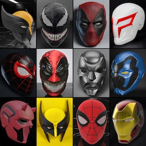 Op de afbeelding: Een verzameling superheldenmaskers, waaronder Wolverine, Venom, Deadpool en Spider-Man. De maskers zijn in verschillende kleuren, zoals zwart, rood, geel en zilver. Elk masker heeft unieke kenmerken en ontwerpen.
